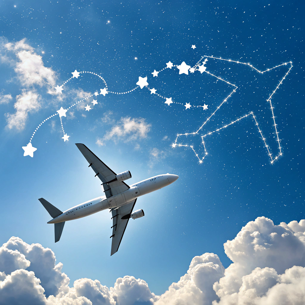 AI generated image by Red Panda AI: 飛機飛過,雲朵是雙子座的圖案