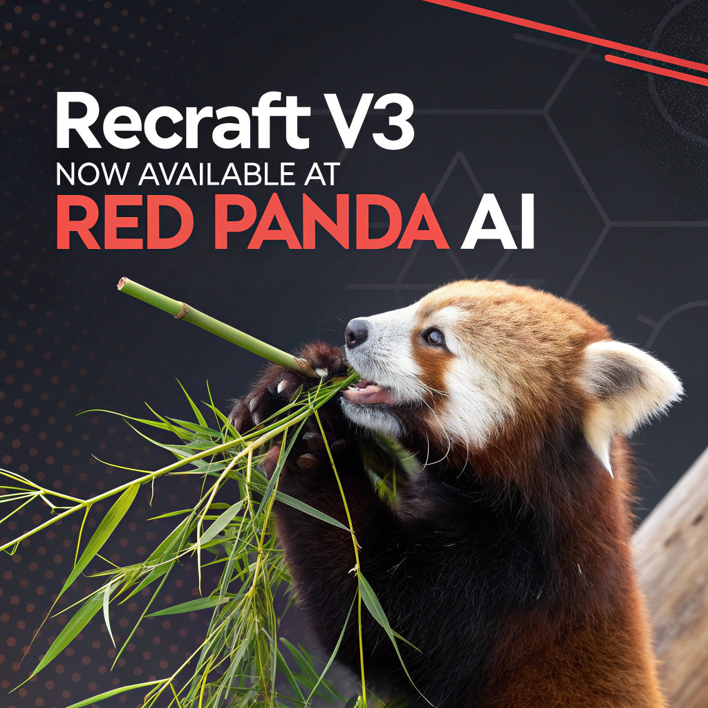 AI generated image by Red Panda AI: a red panda eating a bamboo in front of a poster that says "recraft V3 now available at red panda ai