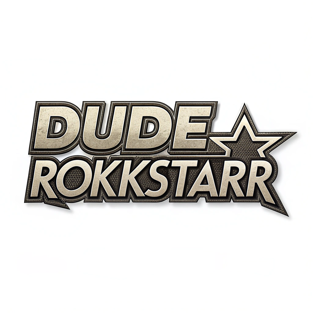 AI generated image by Red Panda AI: "Dude Rokkstarr" logo in the font of the Dokken logo on white background