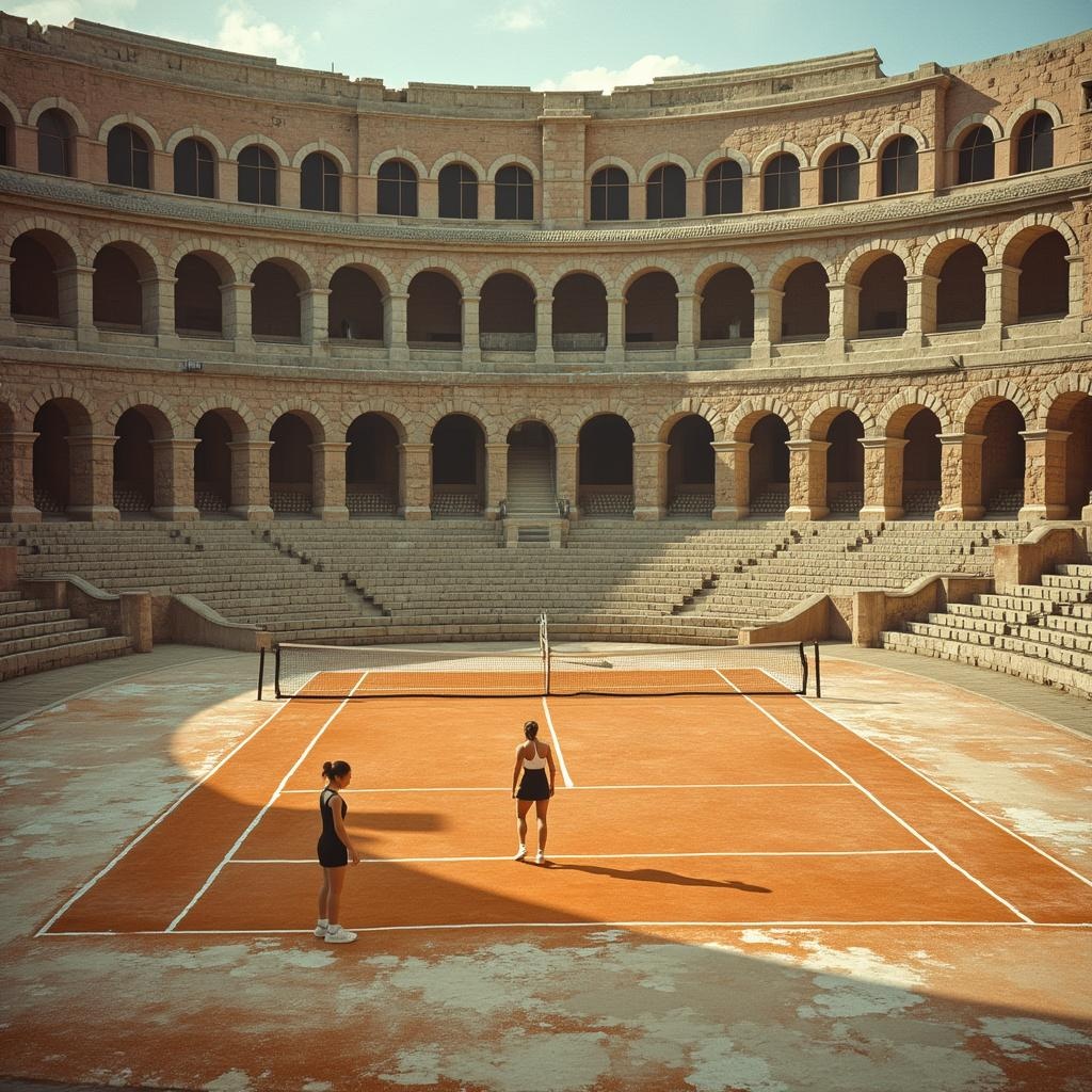 AI generated image by FLUX.1-pro: 2 women playing tennis (actually playing, not doing anything else) on a tennis court. No one is present except them. One on one side of the net, the other on the other side of the net.
Location a Roman Amphitheatre in Italy:
Location Idea: The arena floor of the Verona Arena. It already hosts a massive opera festival, so the infrastructure for temporary installations exists.
The View: Playing in the center, surrounded by 2,000-year-old Roman stone arches and tiers of seating, is a historical fantasy.