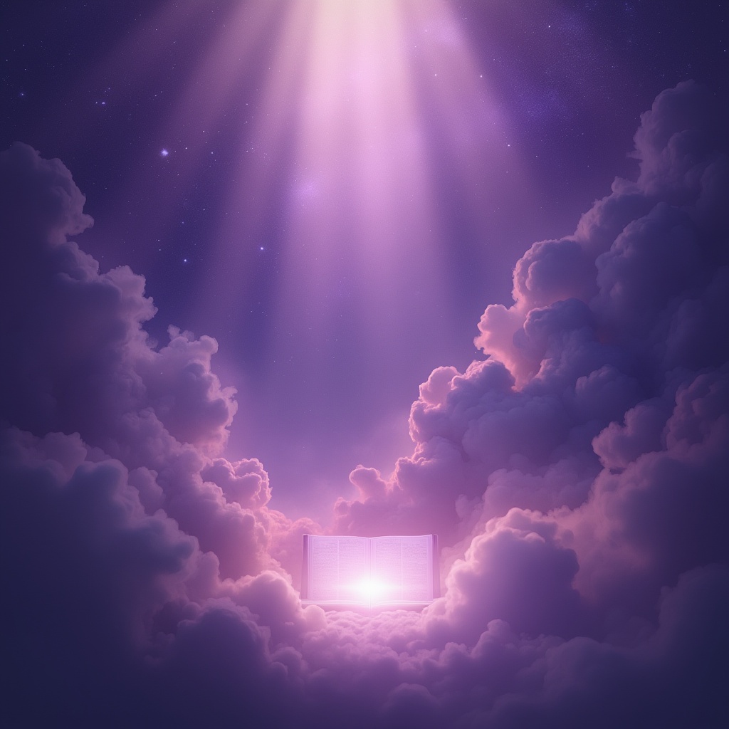AI generated image by FLUX.1-pro: Create a dreamy, celestial background with deep purple and violet tones, giving a sense of vast spiritual space. The image should have soft, translucent clouds floating gently, as if in a heavenly sky, with light rays breaking through in shades of lavender and violet. At the edges, include faint, distant stars or a subtle nebula, suggesting the grandeur of the universe. A delicate, glowing scroll should appear faintly toward the bottom, as if it’s gently floating in this cosmic space, with soft light emanating from it. The scroll should not distract from the center, which should remain completely clear and empty for the title and pastor’s name. The atmosphere should evoke a sense of awe and reverence, with the feeling of being in a sacred, infinite space that emphasizes divine illumination and the heavenly message of the sermon.