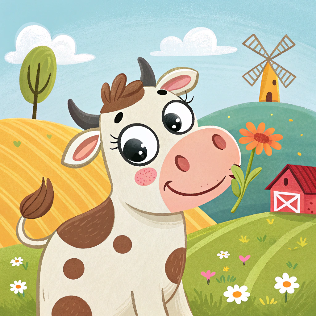 AI generated image by Red Panda AI: Create a colorful and cheerful cartoon-style illustration for a children’s farming-themed card game of A cartoonish, friendly cow with big eyes, spots, and a playful smile, possibly holding a flower in its mouth