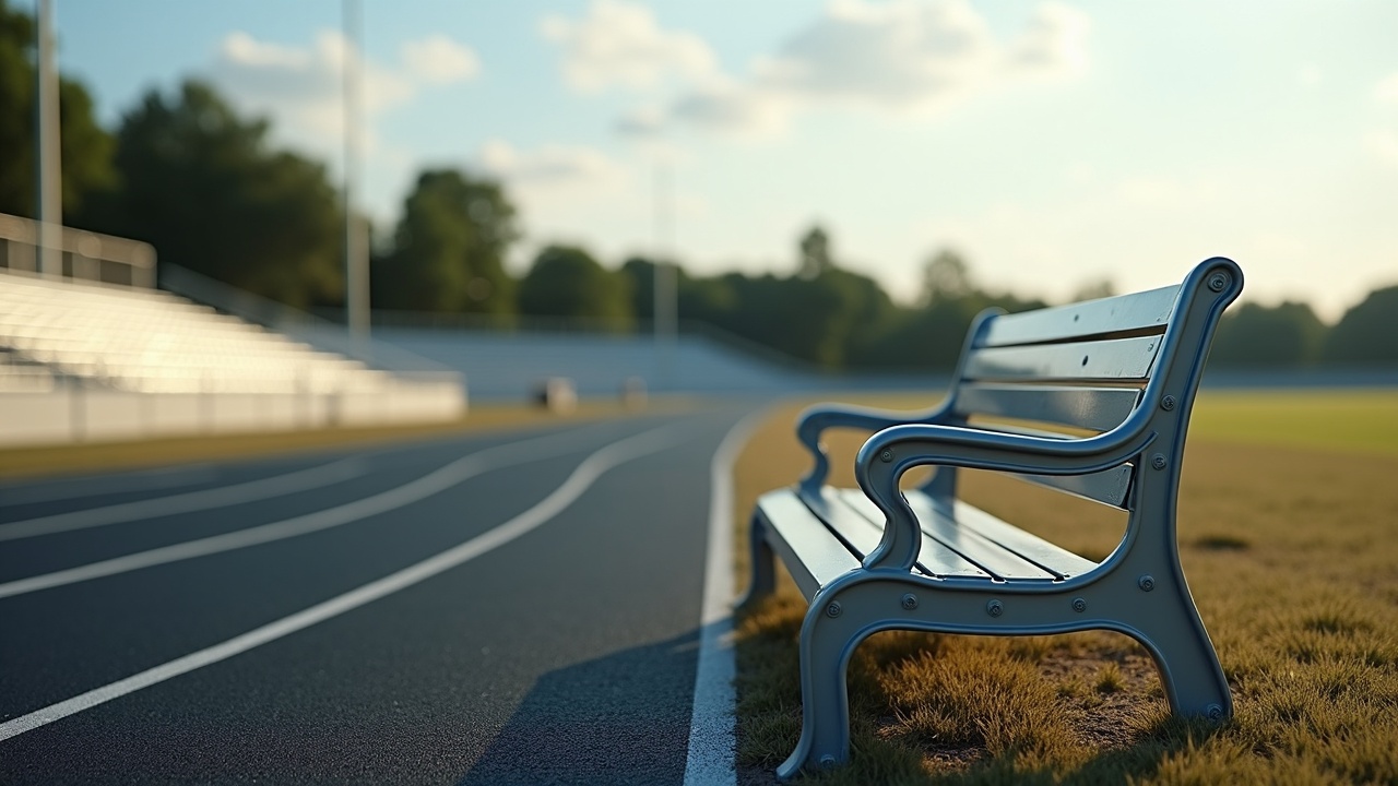 AI generated image by FLUX.1-pro: A realistic photograph of a metal bench with a running track in the background. The bench should take up the lower right corner of the composition, and sit off to the side of the track in short grass, gravel or another unobtrusive outdoor surface. The track and scenery takes up the upper left two thirds of the composition. The track itself should take up as much of the background and width of the image as possible while still looking realistic in perspective. The running track is made of black rubber turf with white stripes, and the curved part of the track is what is visible to the camera. The photo should include sky and trees off in the far distance with lens blur, while the box and the bench should be in full focus.