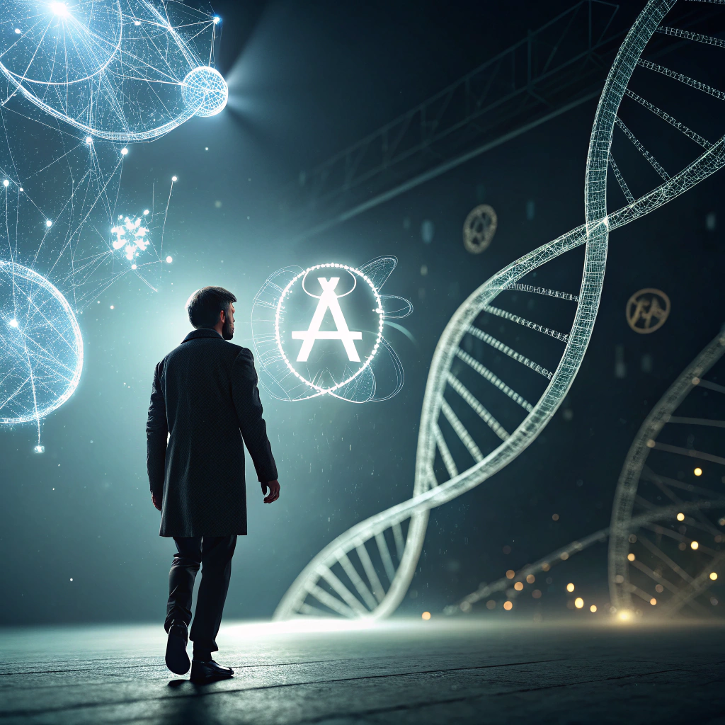 AI generated image by FLUX.1-schnell: une illustration numérique de qualité moyenne d'un arrière-plan scientifique (ADN, I.A, évolution) avec une silhouette d'homme ayant un aspect quantique, mettant en évidence le logo de l'agnosticisme (A), futuriste, brins d'ADN, éléments évolutifs, effets quantiques, abstrait, brillant, symbolique, mystérieux, fond sombre, détaillé, concept art, style science-fiction