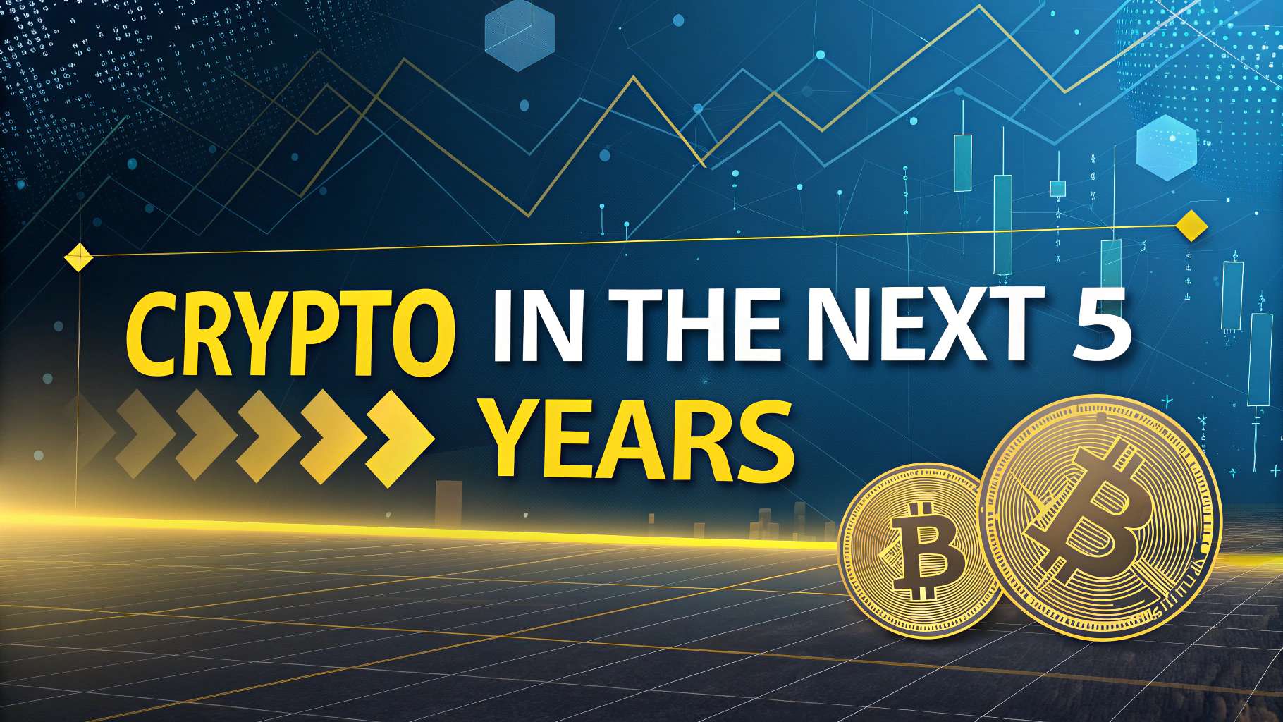 AI generated image by Red Panda AI: Futuristic banner for a blogpost, with fintech yellow colors and fintech and crypto background in a tech article style. Big title " Crypto in the Next 5 Years"