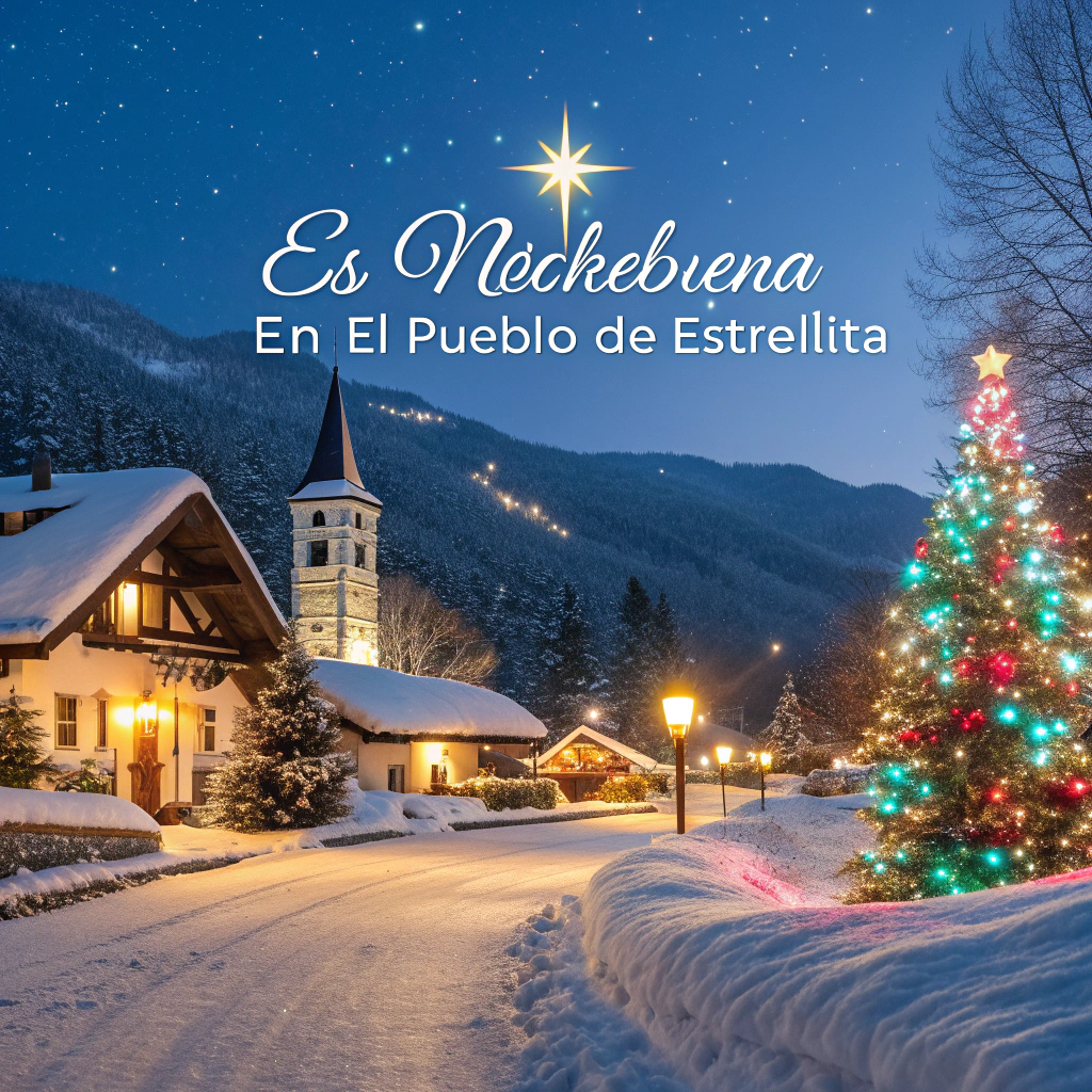 AI generated image by Red Panda AI: Un pueblo nevado con luces brillantes. "Es Nochebuena en el pueblo de Estrellita."