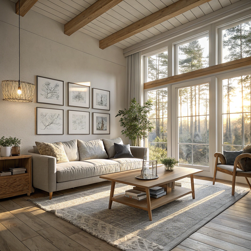 AI generated image by Red Panda AI: A Modern Natural Style living room with a blend of modern minimalism and Scandinavian design, filled with sunlight and comfort, featuring a stunning and elegant set of framed artwork on the wall.