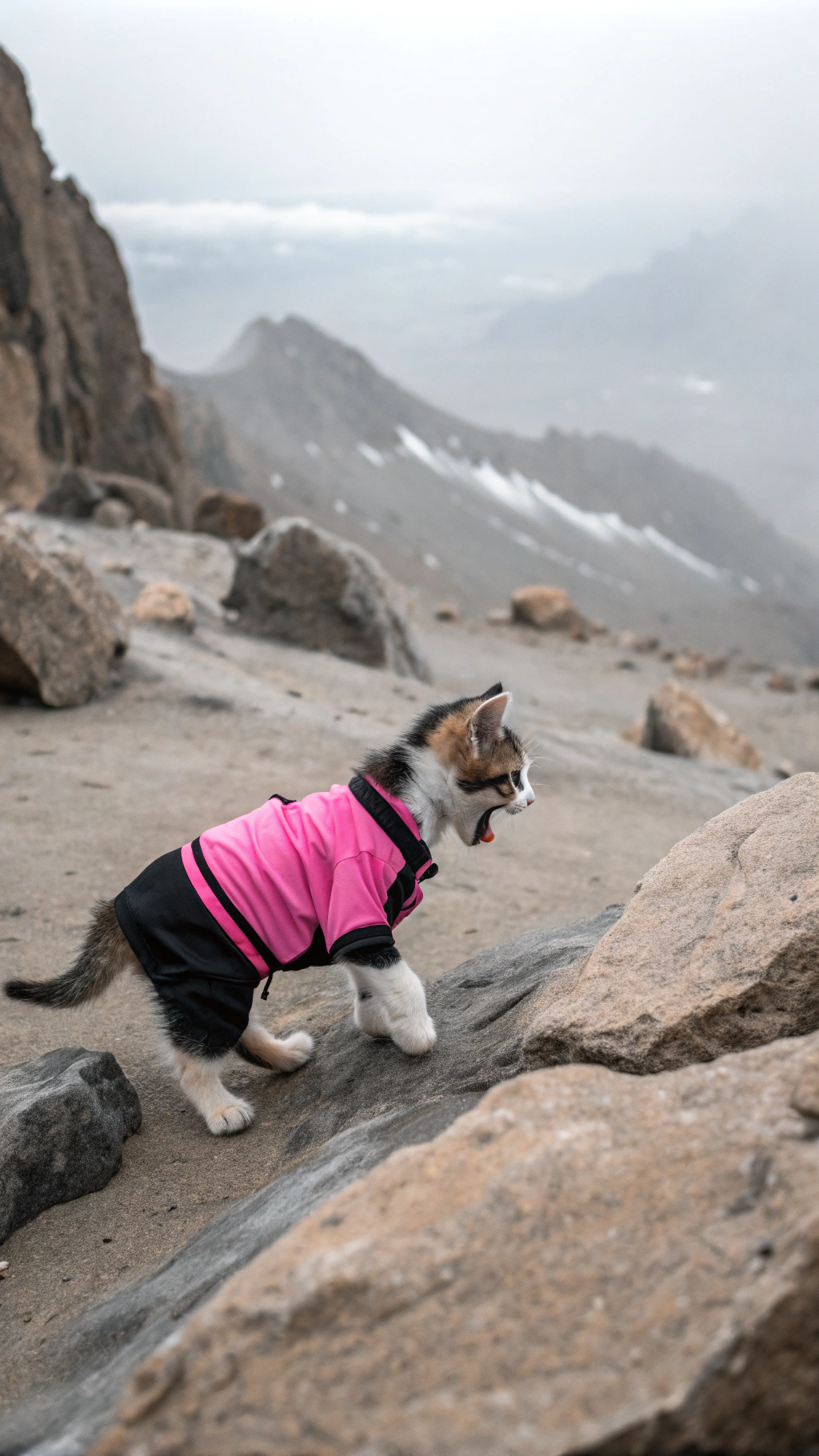 AI generated image by Red Panda AI: The Echo of Abandonment
Lost in the mountains, the small kitten dressed in a pink shirt and black shorts walks among the rocks and cold. Every meow it makes is lost in the echo, with no one to hear it. Describe how the kitten keeps trying to be found, without success.