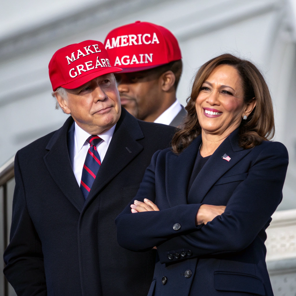 AI generated image by Red Panda AI: Donald Trump and Kamala Harris wearing a red cap that says "Make America great again"