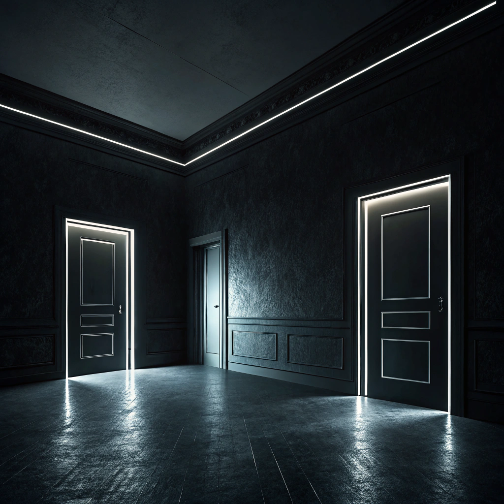 AI generated image by Red Panda AI: "Ultra realistic photo, album cover style, minimalistic dark aesthetic. A completely black room, deep matte black walls and floor, with glowing one doors, no white lights