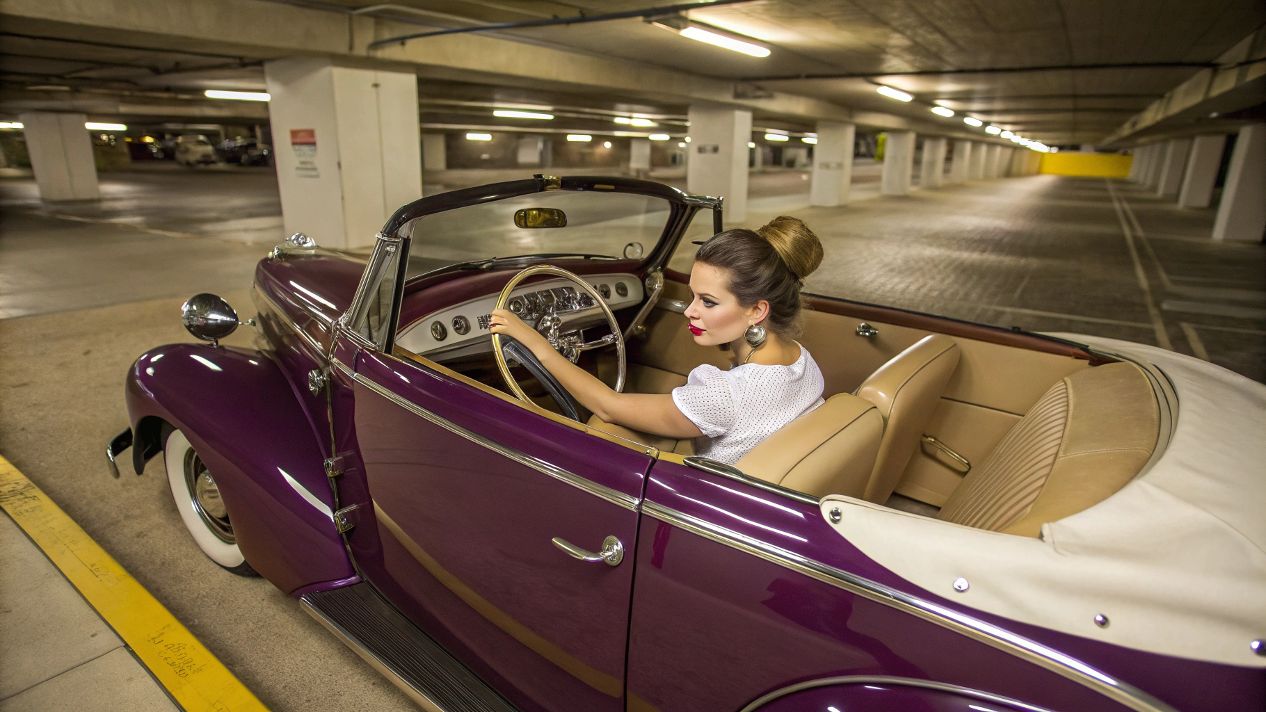 AI generated image by FLUX.1-schnell: Establishing shot. Well-lit underground garage. Front interior of a 1940s purple Chevrolet convertible with the top down. The gearshift is on the steering column. The broadcloth high bench seat is light tan Dashboard is dark brown. The floorboard is covered by a off-white carpet. Floorboard is flat. Pedals are prominent Beautiful very petite woman in the driver's seat. Feel on the floorboard. left foot against the seat. Right foot forward.She has long light brown hair gathered into a bun, brown eyes, bright lipstick, eye makeup. Cork wedge ultra high heel slides with a bright purple vamp. Large gold earrings. white off-shoulder peasant blouse, 3/4 sleeve tight-fitting denim pencil miniskirt with delicate gold embroided design. Full body shot from the passenger side just outside the door aimed toward feet and pedals.