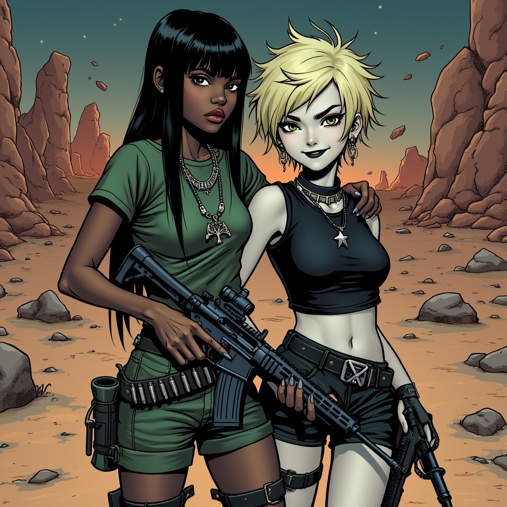AI generated image by FLUX.1-pro: Create an image of two girls: the first girl has dark skin, a serious expression, long straight black hair, and is dressed in green hip-hop clothing. She is holding an assault rifle and a belt of ammunition. The second girl is white, smiling, with short blonde spiky hair, dressed in goth attire, and wearing heavy mascara. The blonde girl is resting her arm on the first girl's shoulder. Both are wearing shorts. In the background, depict a fantasy desert with floating rocks at night, all in a Western comic book style.