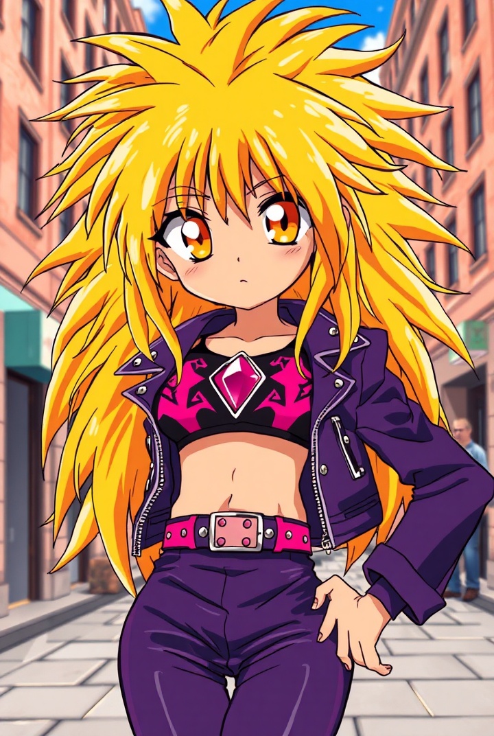 AI generated image by FLUX.1-schnell: ryuichi makino anime art, as gaogaigar character, 1997 anime style tv show screencap screenshot, golden orange eyes, big cartoonish eyes, golden yellow fallen grungy messy hair, big lionhair style, long messy spiky hair fringe bangs, tanned skin, purple black leather jacket, purple black leather pants, studded pink belt, black sport bra with pink and white designs, fit attractive femenine body with few muscular abs, woman, pink gem navel piercing, big breast, city street background