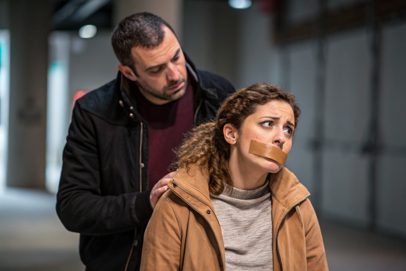 AI generated image by Red Panda AI: Full Body photo, Man standing behind woman and stretching sticky brown plaster sticky over woman mouth