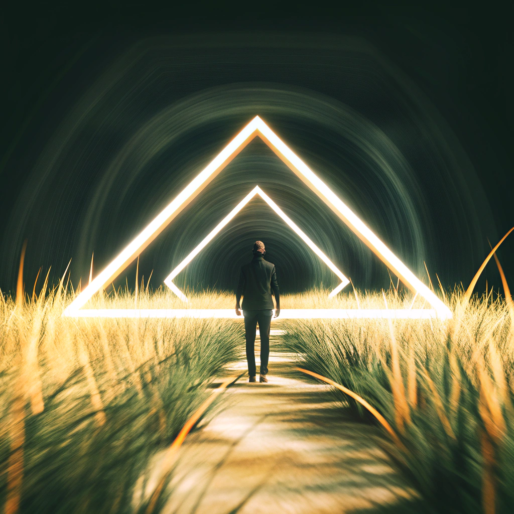 AI generated image by Red Panda AI: An Abstract Oil Panting, Agressive brush strokes: A human dark silouette standing backwards in the middle, 3 Symetrical mirrors with rectangular victorian frames floating in the air, proyecting a beam of calid light to the subject, in the back plane a giant Vortex of dark clouds forming a black void in it's center, the ground is covered with tall yellow grass