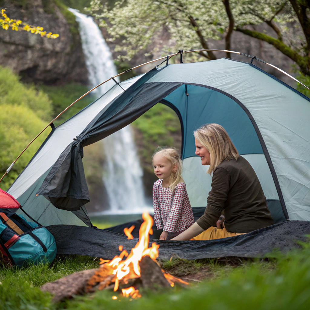 AI generated image by Red Panda AI: Uma barraca de camping, com uma mãe e uma filha dentro, a filha é loirinha e tem três anos de idade. O pai está acendendo uma fogueira. Na paisagem tem uma cachoeira no fundo e árvores floridas.
Quero uma imagem bem nítida e sem bordados, de maior atenção para dedos e os rostos.