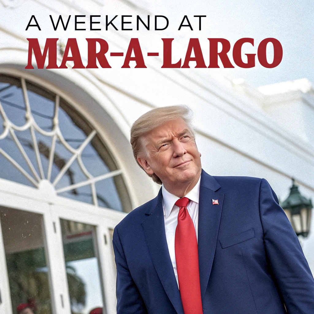 AI generated image by Red Panda AI: Image of "A Weekend at Bernie's" Movie Poster replacing Bernie with Donald Trump in a blue suit and slightly long red tie, replacing the men holding him up with Elon Musk and Rupert Murdoch, and replacing the Title of the movie with " A Weekend at Mar-a-Largo"