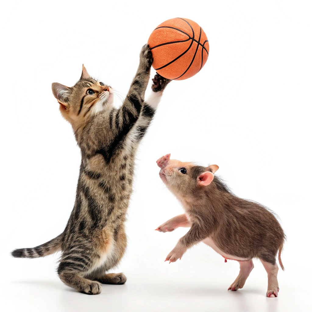 AI generated image by Red Panda AI: The British cat and minipig playing basketball