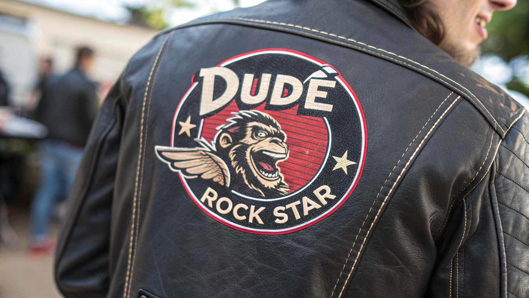 AI generated image by Red Panda AI: logo for the band "Dude Rock Star". Needs to be rocking, metal, powerful, on a leather jacket, retro, wild monkey