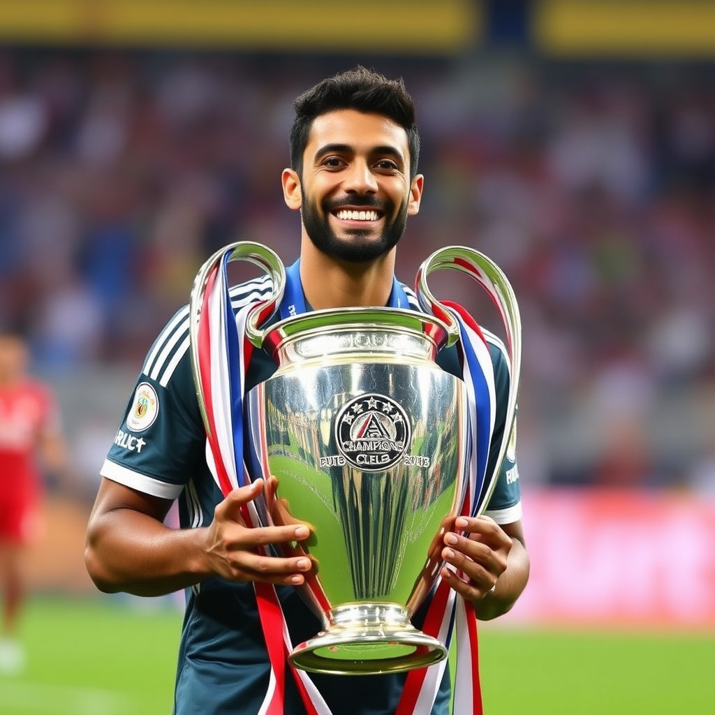 AI generated image by FLUX.1-schnell: Crea una imagen de Lamine Yamal con la copa de la UEFA Champions League-