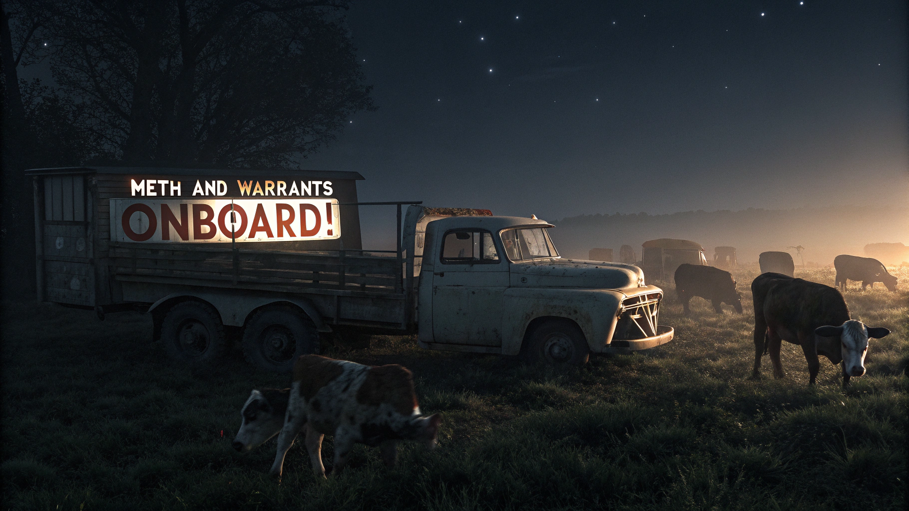 AI generated image by Red Panda AI: nighttime, in the dark, a beat up truck with a sign on the side that says "Meth and Warrants Onboard!", surrounded by cows