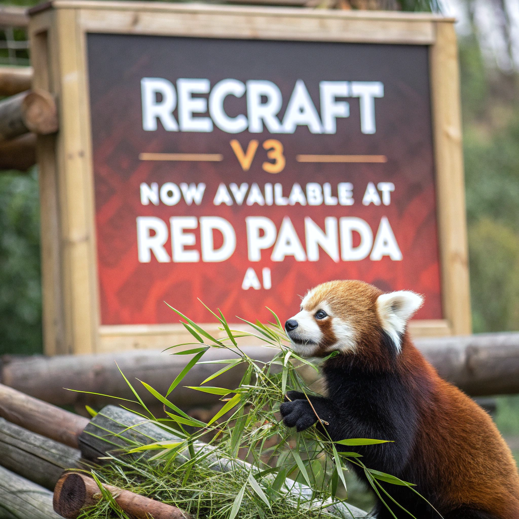 AI generated image by FLUX.1-schnell: a red panda eating a bamboo in front of a poster that says "recraft V3 now available at red panda ai