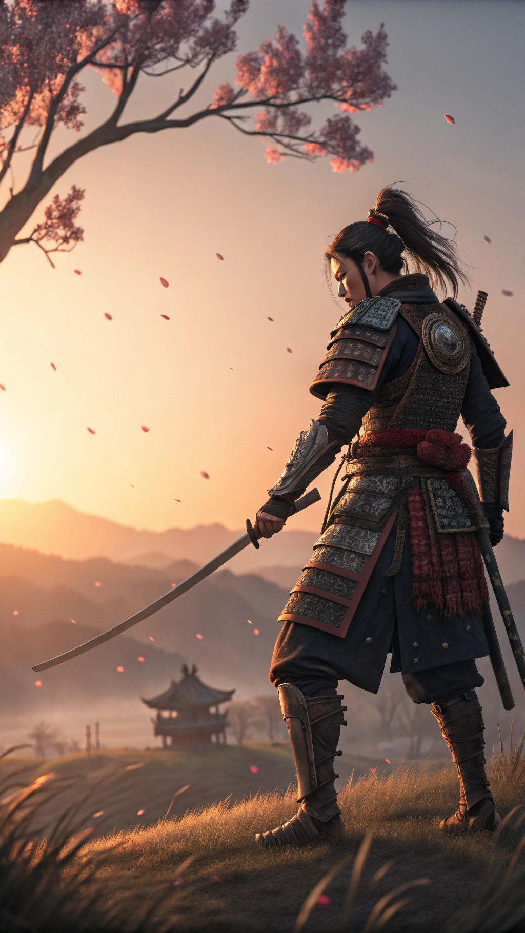 AI generated image by Red Panda AI: A powerful female samurai from feudal Japan, wearing traditional samurai armor with intricate details, wielding a katana, and standing confidently on a battlefield at sunrise. Her hair flows in the wind, and cherry blossoms drift around her. The scene has a mystical, ancient atmosphere.