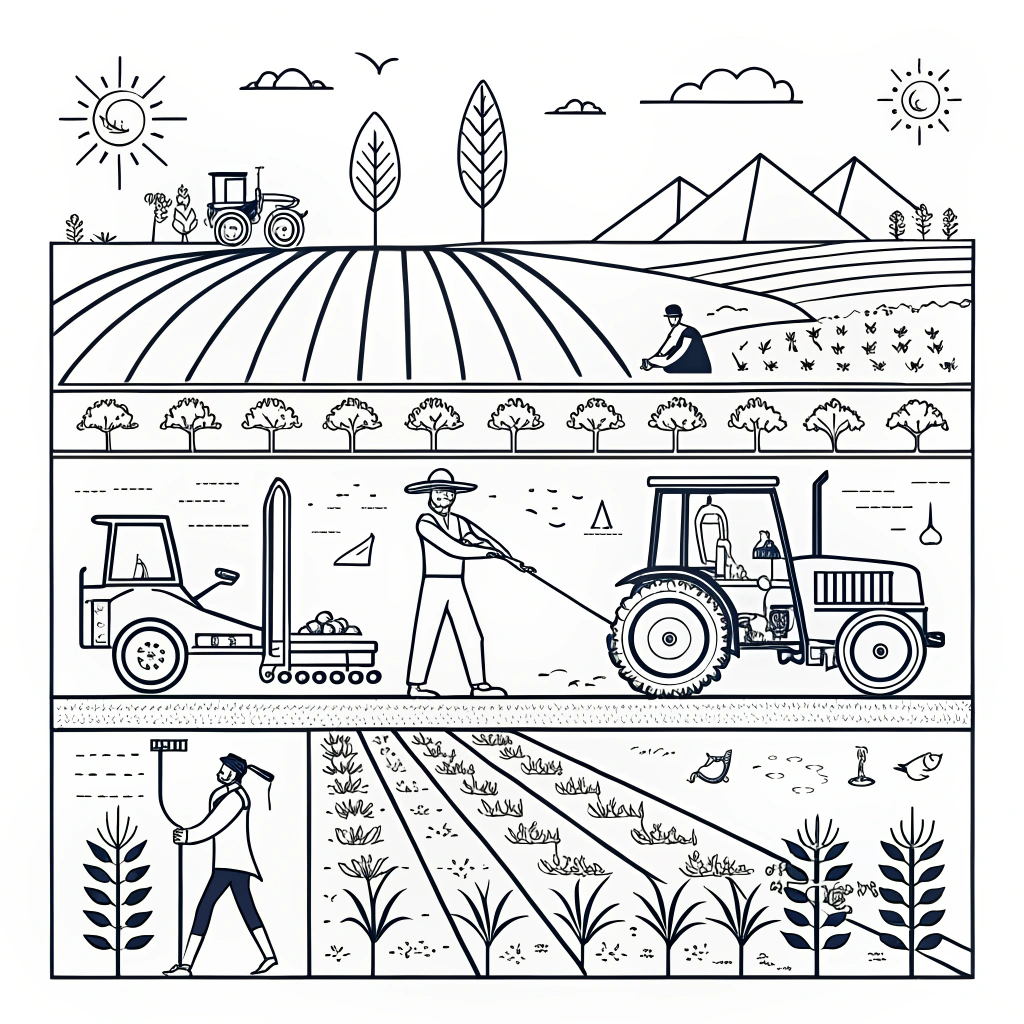 AI generated image by Red Panda AI: dibujo lineal blanco y negro, de estilo jeroglífico, de agricultura moderna
