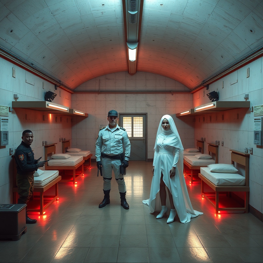 AI generated image by FLUX.1-schnell: campo de concentración en el interior, con distintas habitaciones con mucha seguridad y varias personas: cinco guardias con apariencia de militar y 2 prisioneros esposados con esposas futuristas especiales y ropa blanca de reo.