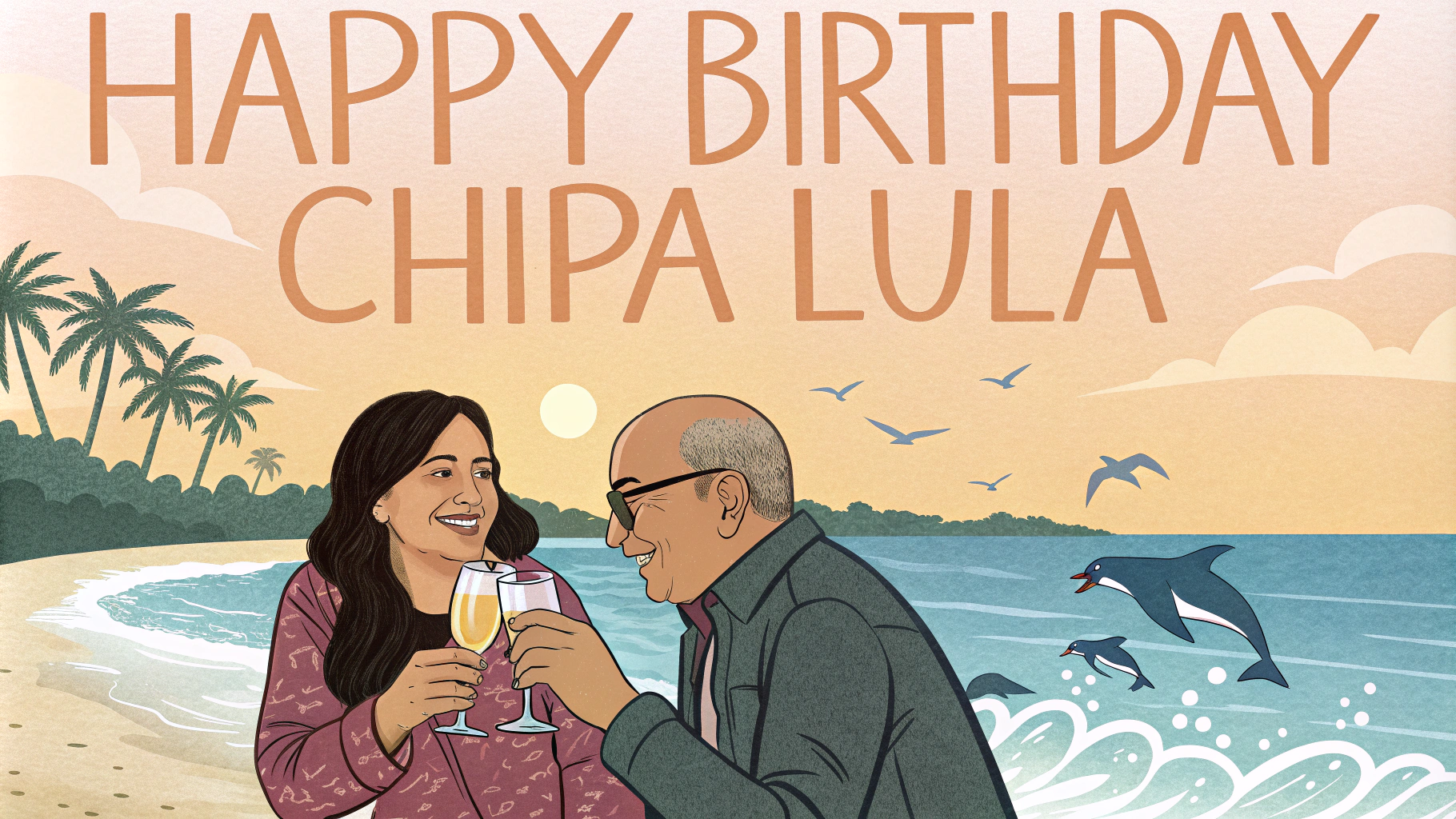 AI generated image by Red Panda AI: Create a colorful and whimsical cover for a greeting card. The main theme of the card is about a loving couple who are drinking champagne on a sunset beach. They are both middle-aged. The wife has long dark hair, and the man is bald with glasses. The background should show a calm and peaceful beach, with jumping dolphins and seagulls to give it a magical feeling. The title of the card, written in large, friendly font, should be "Happy Birthday Chipa Lula". The overall style should be cheerful and engaging