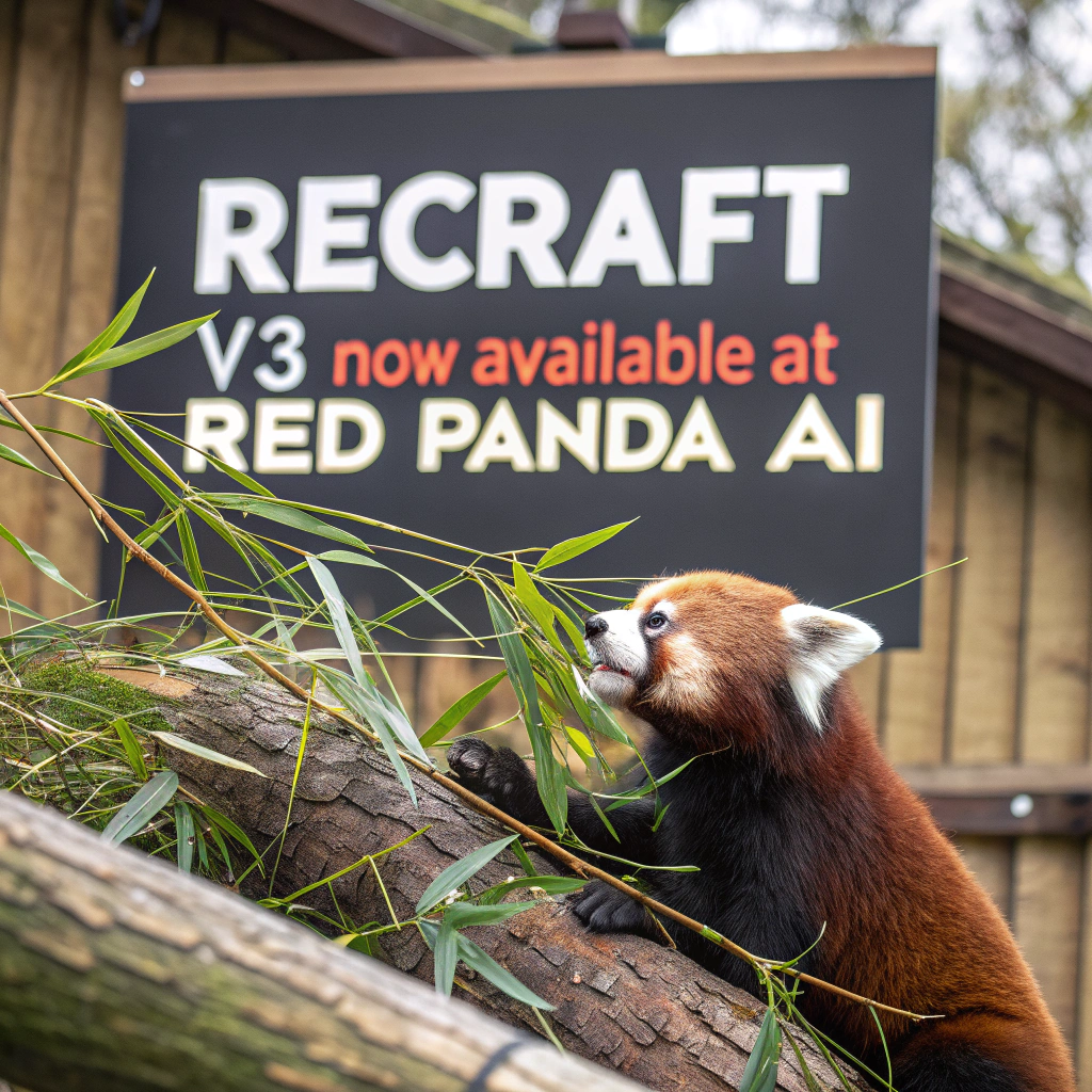 AI generated image by Red Panda AI: a red panda eating a bamboo in front of a poster that says "recraft V3 now available at red panda ai