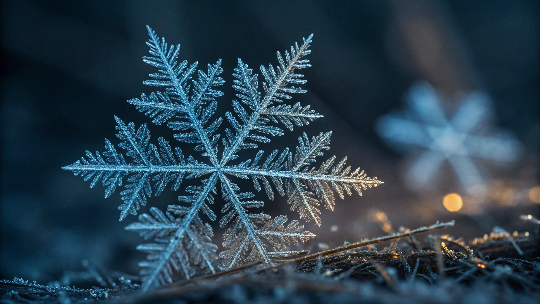 AI generated image by Red Panda AI: Ultra-detailed 8K photograph of intricate frost crystals forming on a dark surface, photographed in macro detail with directional growth patterns, branching structures creating geometric precision, cold blue undertones with subtle golden highlights, shallow depth of field, dark background creating dramatic contrast, scientific precision meets natural beauty, textural detail showing predictable pattern formation