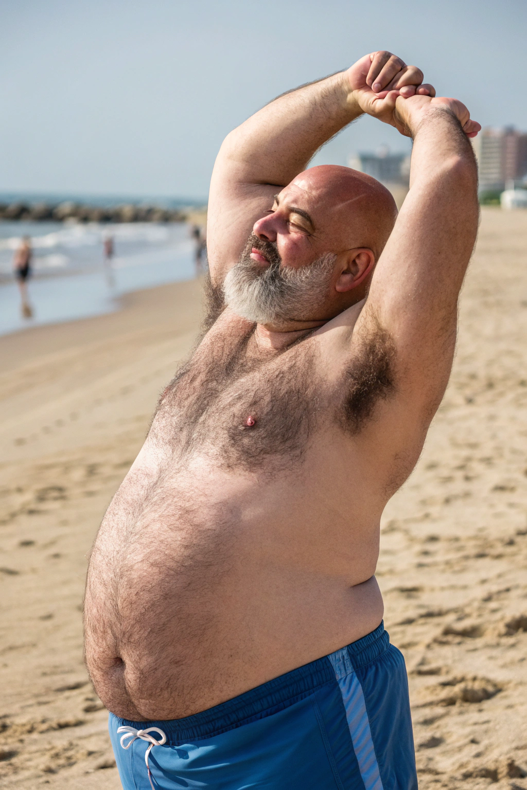 AI generated image by Red Panda AI: a bulky and slightly overweight 50 year old hirsute man at the beach stretching. Man has heavy amount of body hair, hairy chest pattern, expanding his bloated heavy bearded-belly, bald head, brown and white goatee