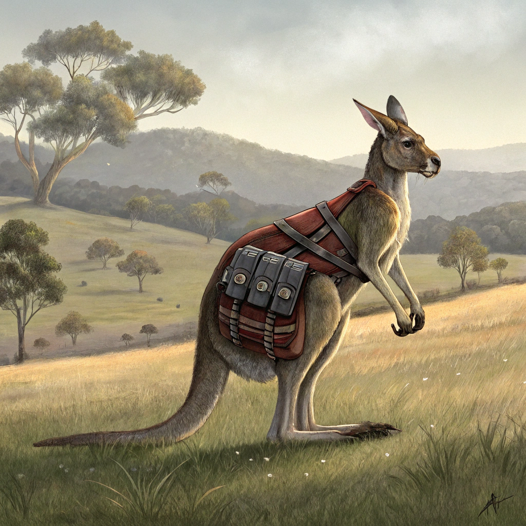 AI generated image by Red Panda AI: canguro con traque de guerra