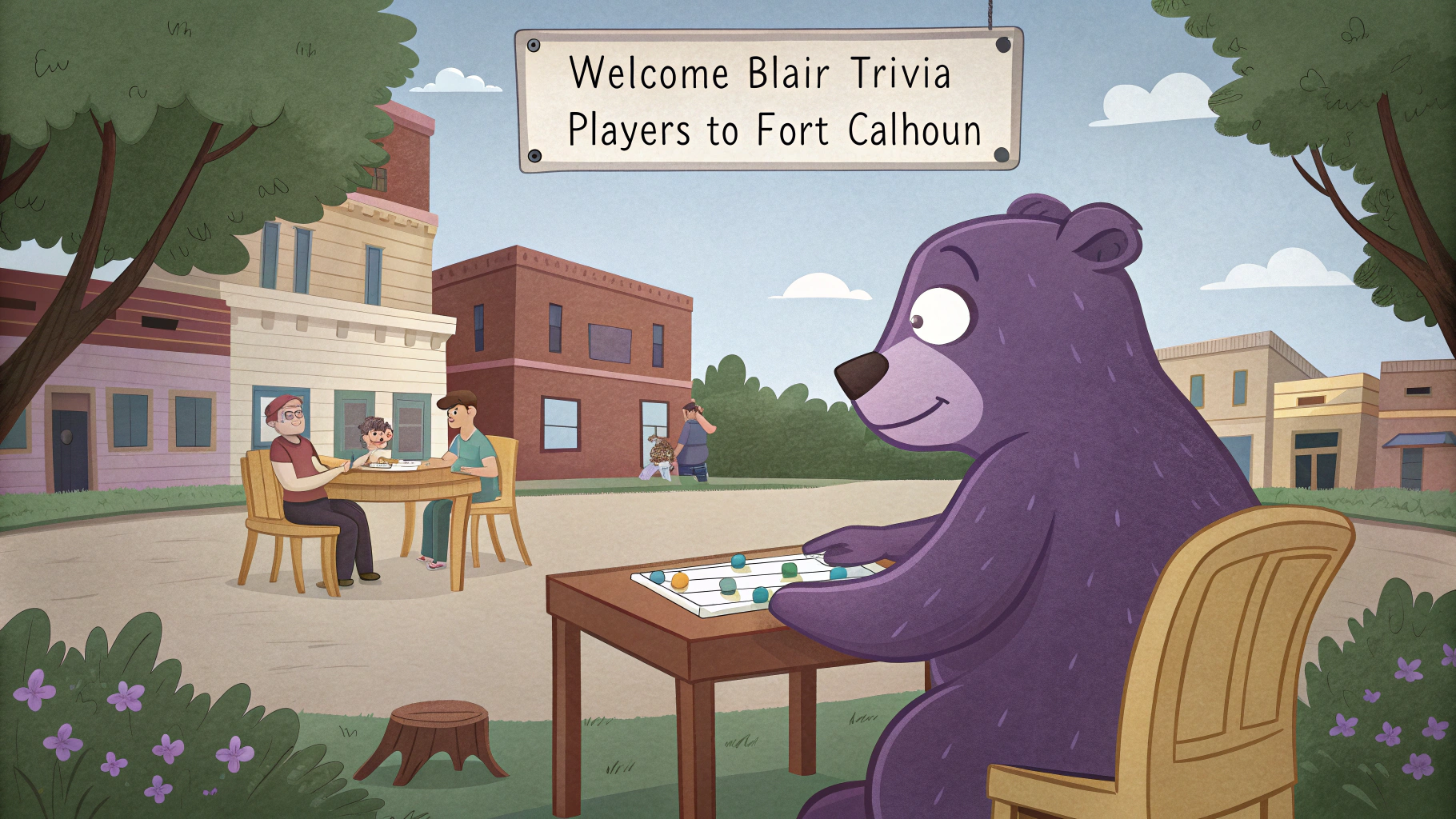 AI generated image by Red Panda AI: A purple bear playing trivia in Fort Calhoun, Nebraska. There is a sign that says, "Welcome Blair Trivia Players to Fort Calhoun"