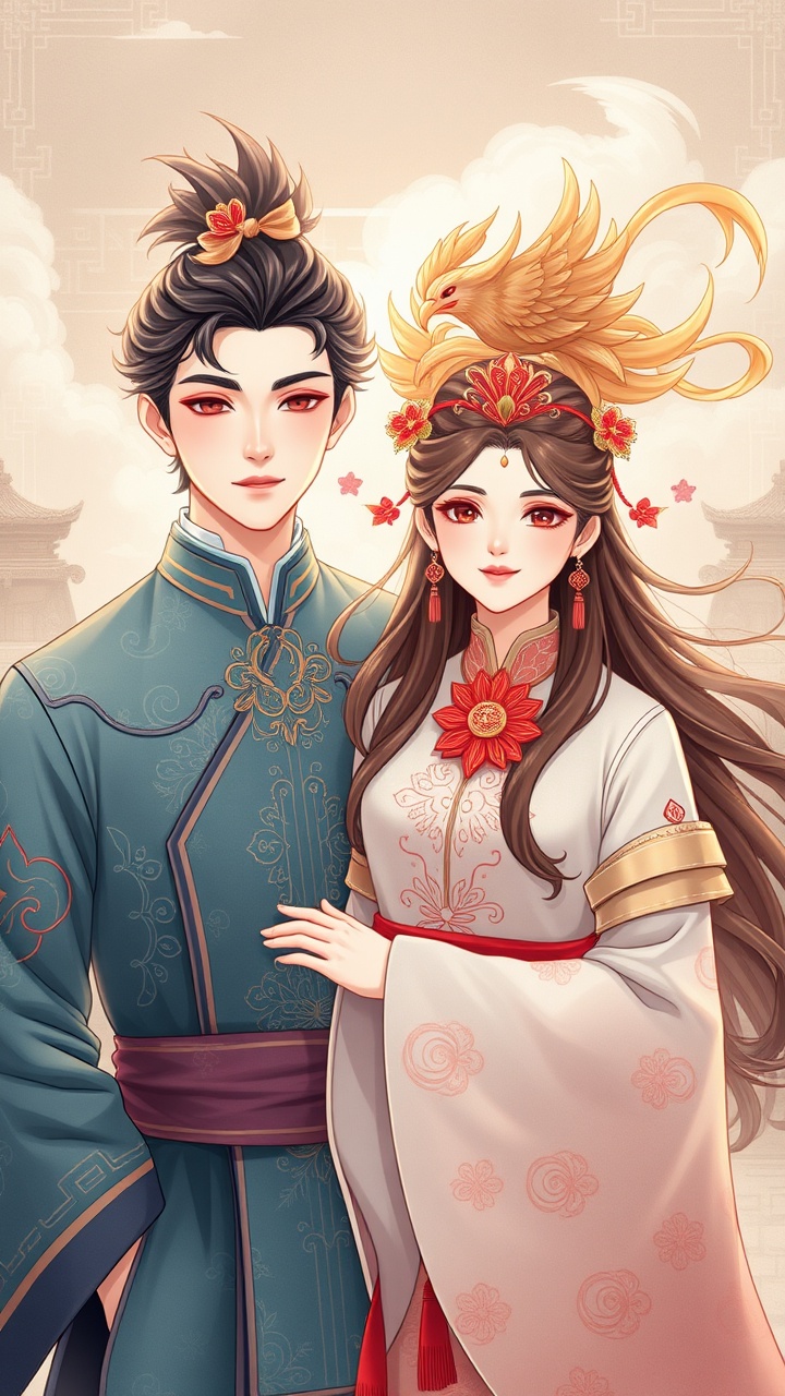 AI generated image by FLUX.1-schnell:
A young couple in Chinese style, Long hair for boys,Phoenix crown and flowing clouds for girl,