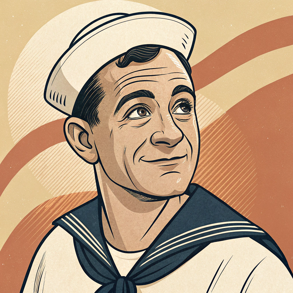 AI generated image by Red Panda AI: A caricature-style portraits of a man inspired by the vintage Popeye the Sailor cartoon. the portrait features a sailor character with bold outlines, clean shading, and a vintage cartoon aesthetic, wearing a chef uniform suit, he must have noticeable freckles, a slightly rounded nose, and expressive eyes. With warm, muted background tones and detailed line art, showcasing exaggerated but friendly facial features and a polished, retro-inspired finish.
