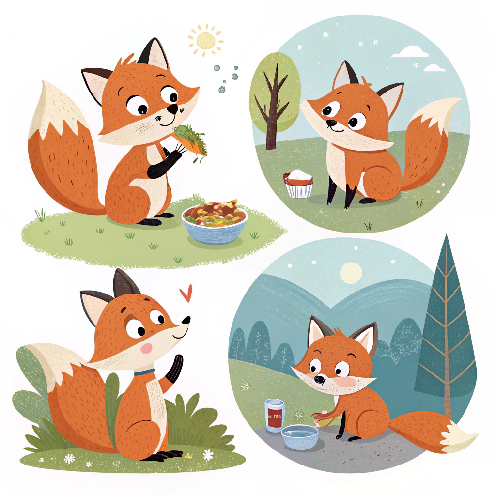 AI generated image by Red Panda AI: Générer cinq images différentes, pour enfant, qui se ressemblent avec un renard qui mange.