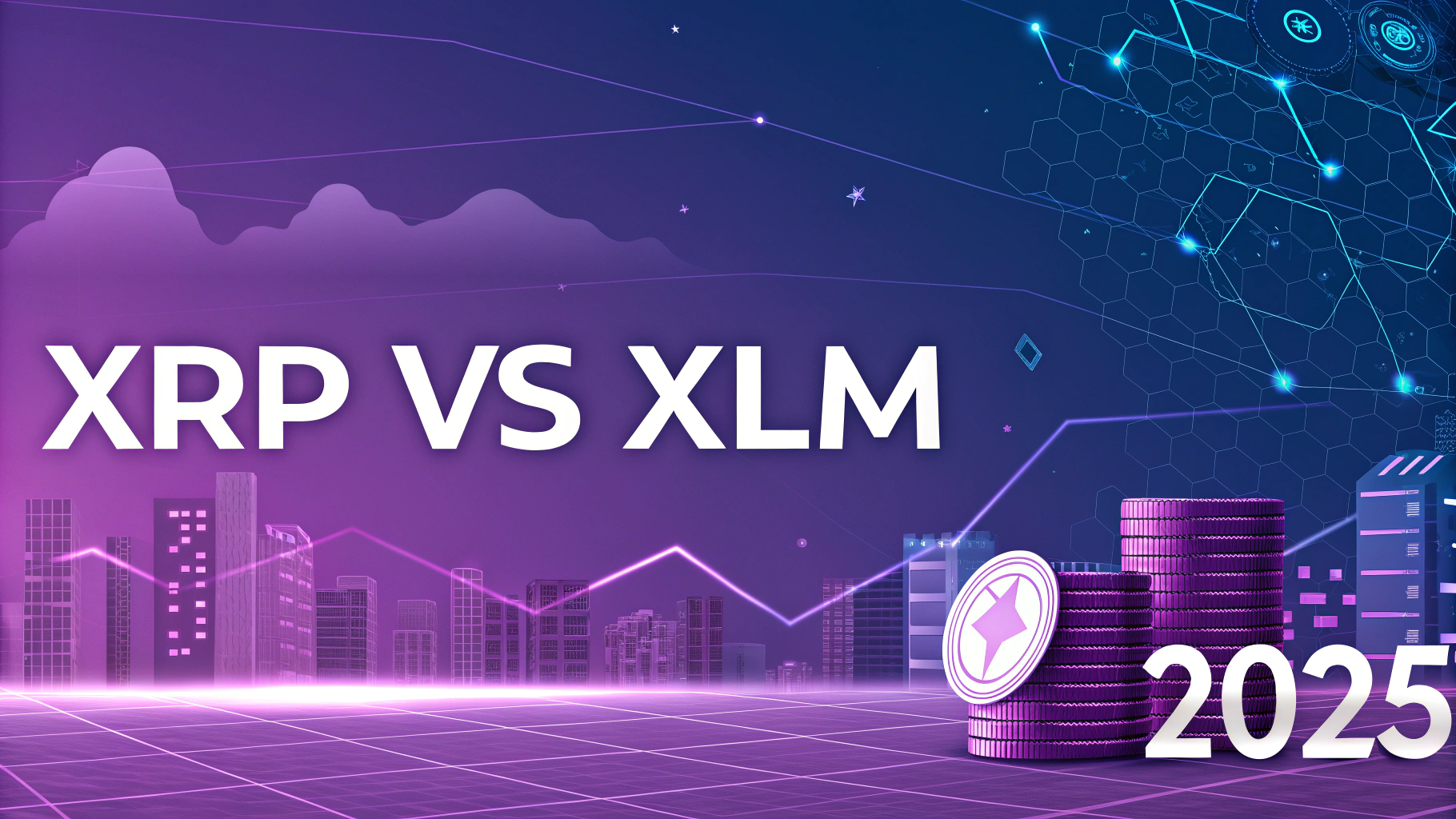AI generated image by Red Panda AI: Futuristic banner for a blogpost, with fintech sci-fi purple theme colors and fintech background with blockchain, payment element in financial article style. Big title "XRP vs XLM" and small title "2025"