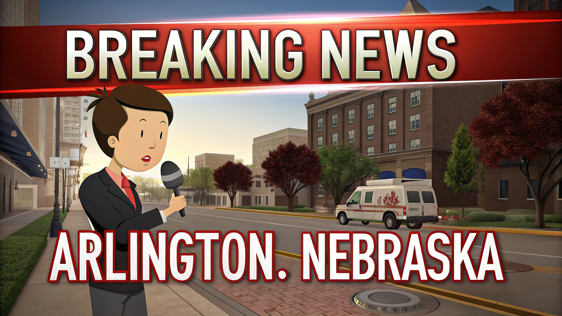 AI generated image by Red Panda AI: "Breaking News" in "Arlington, Nebraska" for News Graphic on TV