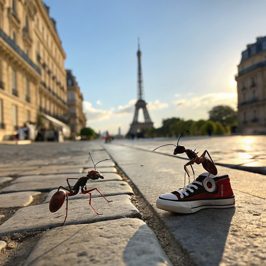 AI generated image by Red Panda AI: Quiero que me generes una imagen de dos hormigas caminando en zapatillas por las calles adoquinadas de paris con un sol radiante