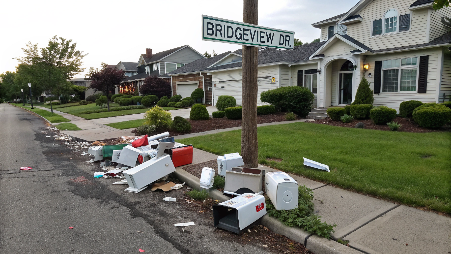 AI generated image by Red Panda AI: Smashed mailboxes in front of houses, streetsign says Bridgeview Dr