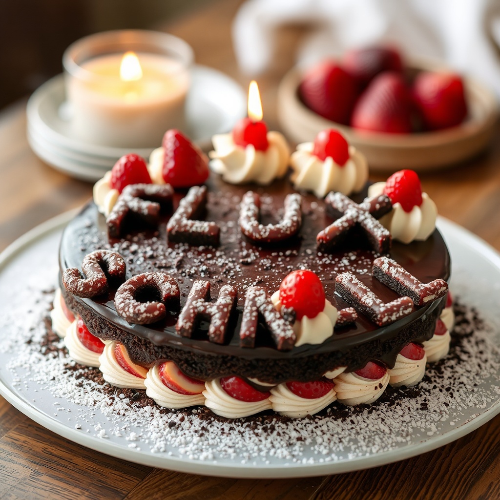 AI generated image by FLUX.1-schnell: black forest gateau cake spelling out the words "FLUX SCHNELL", tasty, food photography, dynamic shot