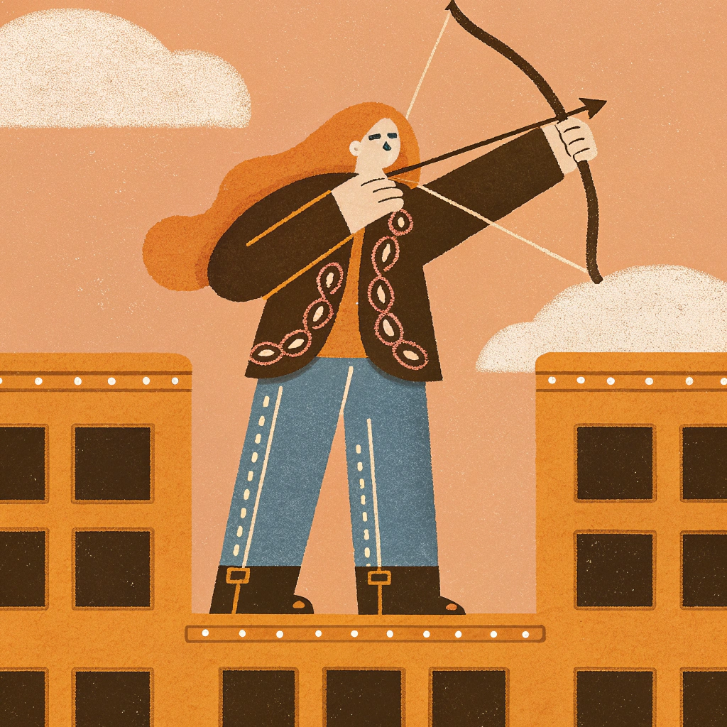 AI generated image by Red Panda AI: uma garota de 25 anos pele branca, olhos verdes, corpo esguio cabelos logos vermelho liso etar em pe em um alto de um predio, segurando um arco recurvo, esta vestida com um short jeans jaqueta universitaria preta com detalhes em roxo uns simbilos tribais