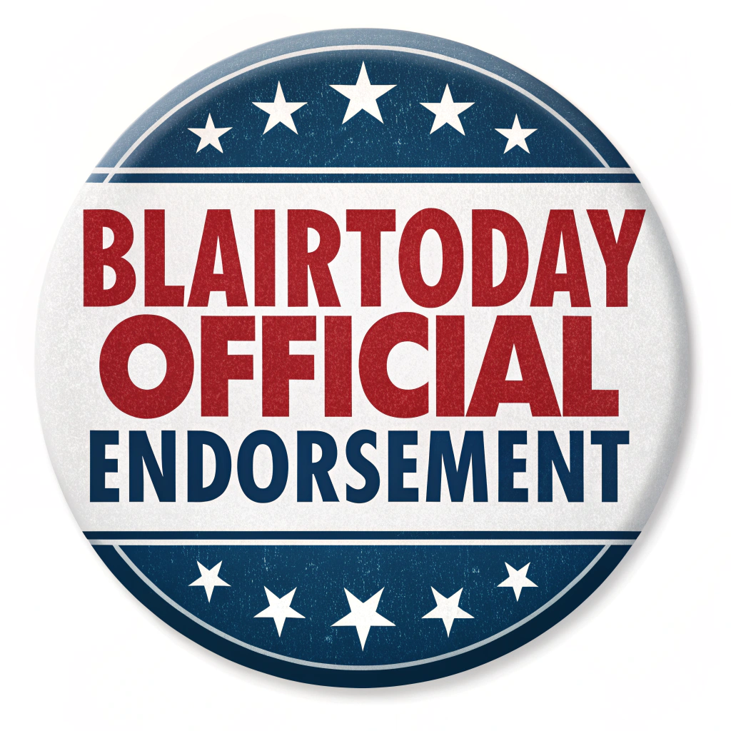 AI generated image by Red Panda AI: logo reads "BlairToday Official Endorsement" in a round, red white and blue logo, on a white background