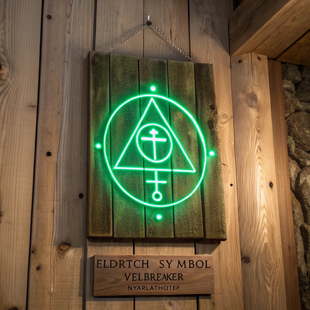 AI generated image by Red Panda AI: Eldrtch Symbol used by the Veilbreaker, a cult of Nyarlathotep's. It's a faintly green glowing arcane sigil. Barely visible etched into a wooden wall.