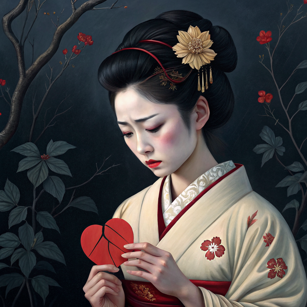 AI generated image by Red Panda AI: peinture à l'huile. portrait hyper réaliste d'une geisha. Ambiance triste. Dans ses mains, elle tient son cœur brisé. en arrière plan, des fleurs noires