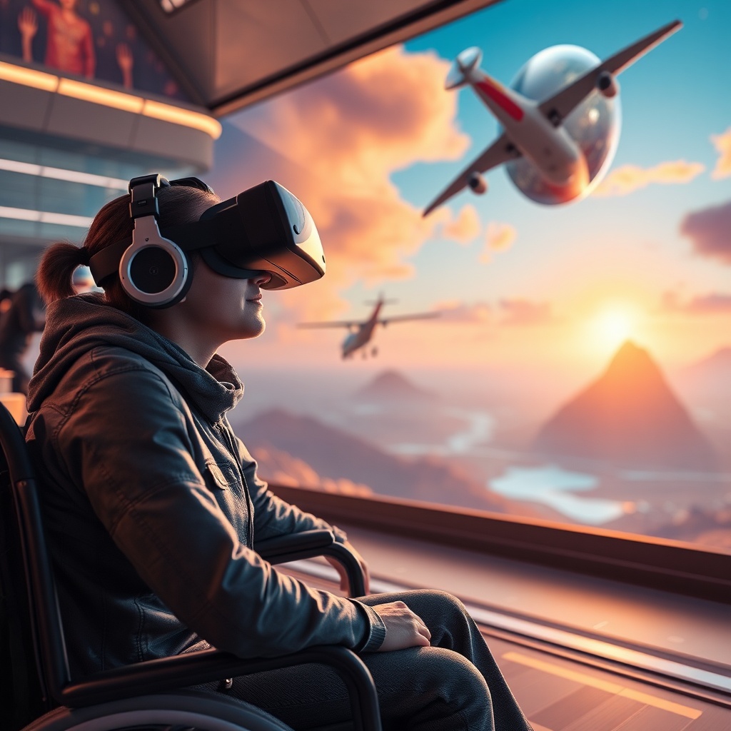 AI generated image by FLUX.1-schnell: future in 15 years, virtual reality tourism, people with disabilities