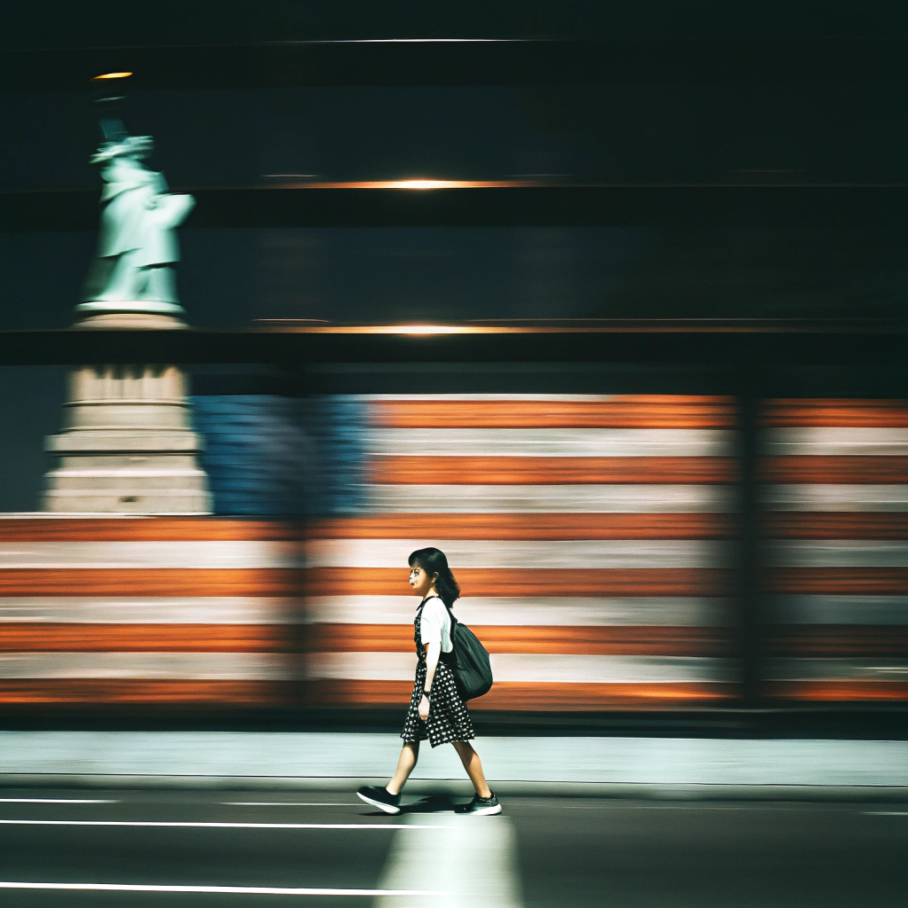 AI generated image by Red Panda AI: Una niña con uniforme escolar con mochila en la espalda caminando y detrás de ella esta la bandera de EE.UU y LA ESTATUA DE LA LIBERTAD