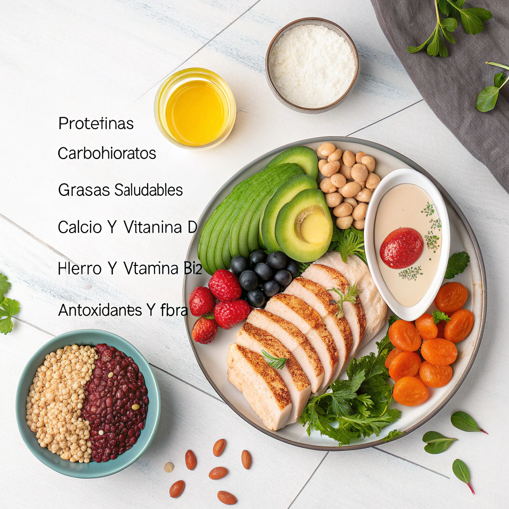 AI generated image by Red Panda AI: haz una imagen con:
Proteínas
Carbohidratos
Grasas saludables
Calcio y Vitamina D
Hierro y Vitamina B12
Antioxidantes y fibra